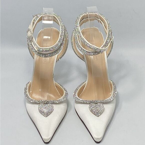 Mach & Mach Crystal Heart 110 Satin Ankle-Strap Pumps size 38 - Picture 4 of 16